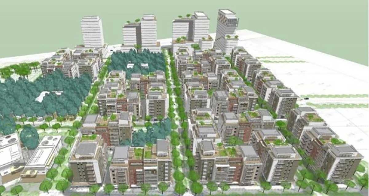 הדמיה של שכונת האקליפטוס בהוד השרון. בניינים של שמונה קומות וברקע מגדלים.