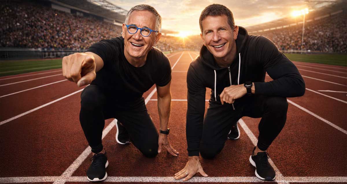 יריב פישר ומשה פדלון בתלבושת ספורט באיצטדיון ספורט מלא בקהל כורעים ברך. איור AI.