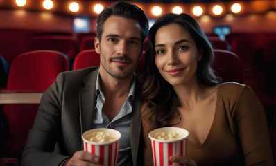 גבר ואישה יושבים בקולנוע מחזיקים פופקורן, הדמיית בינה מלאכותית: שרון אונליין