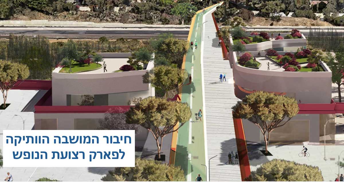 הדמיה של גשר חדש מעל כביש 5 אל רצועת הנופש. חיבור של המושבה הוותקיה. בהדמיה דמיות של אנשים נוצעדות ונוסיעם על אופניים מעל ומתחת לגשר