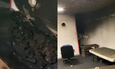 קירות המקלט עם פייח ומזרן שרוף, צילום: מתוך רשתות חברתיות לפי סעיף 27 א'