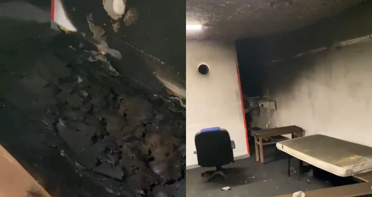 קירות המקלט עם פייח ומזרן שרוף, צילום: מתוך רשתות חברתיות לפי סעיף 27 א'