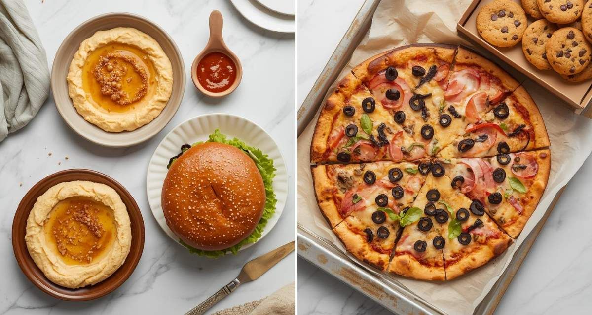 שולחן מחולק לשני חלקים צד אחד המבורגר וחומוס צד שני פיצה ועוגיות, הדמיית בינה מלאכותית: שרון אונליין