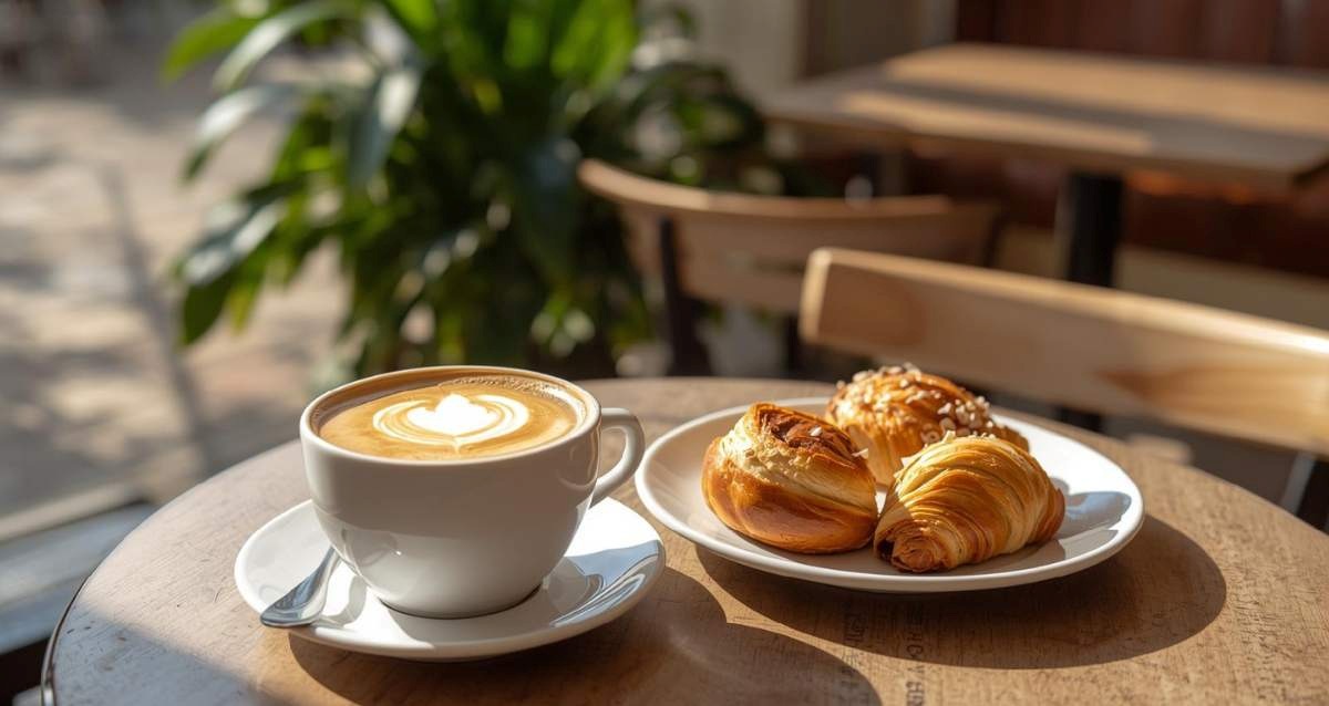 שולחן של בית קפה עם כוס קפה הפוך וצלחת עם מאפים מתוקים, הדמיית בינה מלאכותית: שרון אונליין