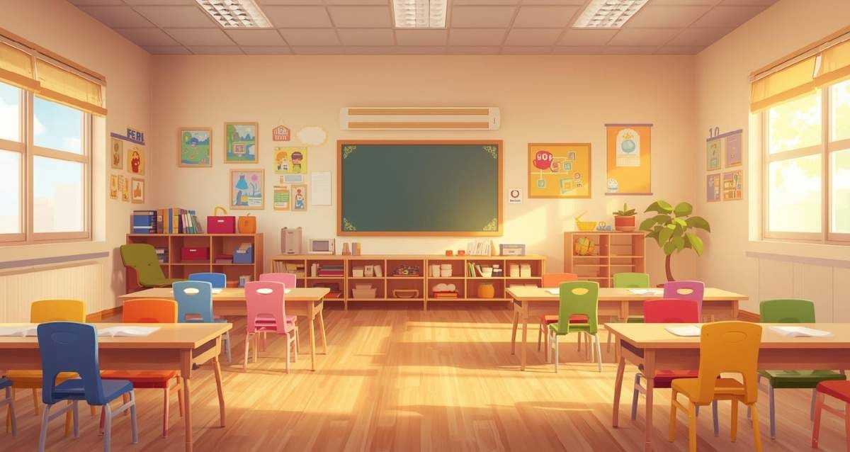 איור של גן ילדיןם עם ריהוט ומשחקים צבעוניים, איור בינה מלאכותית: שרון אונליין