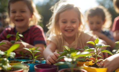 ילדים שמחים מחייכים שותלים עצים לטו בשבט, הדמיית בינה מלאכותית: שרון אונליין