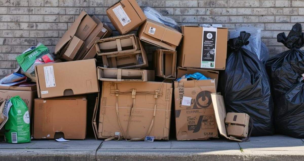 ערימת קרטונים ברחוב ליד שקיות אשפה, הדמיית בינה מלאכותית: שרון אונליין