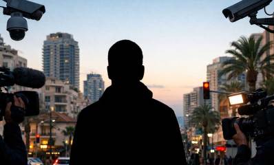 תחקיר טלוויזיוני. איור AI. תמונה של גב של בחור ובשני צדדיו צלמי טלוויזיה עם מצלמות, על רקע של בניינים.