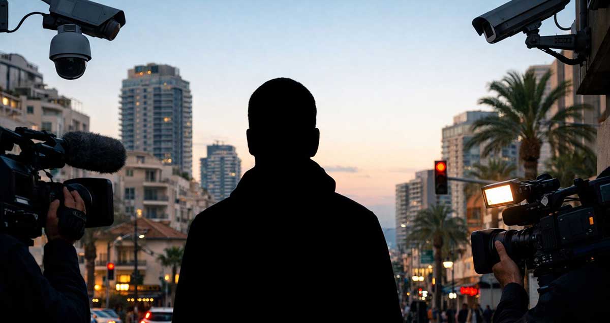 תחקיר טלוויזיוני. איור AI. תמונה של גב של בחור ובשני צדדיו צלמי טלוויזיה עם מצלמות, על רקע של בניינים.