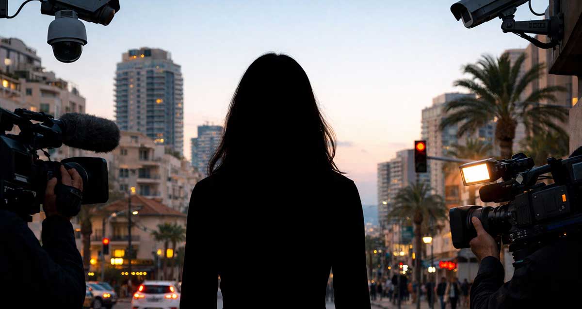 תחקיר טלוויזיוני. איור AI. תמונה של גב של בחורה ובשני צדדיה צלמי טלוויזיה עם מצלמות, על רקע של בניינים.