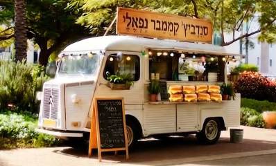 פודטראק הדמיית ai על הגג שלו כתוב סנדביץ קממבר נפאלי. הפודטראק נמצא בגינה ציבורית בהרצליה