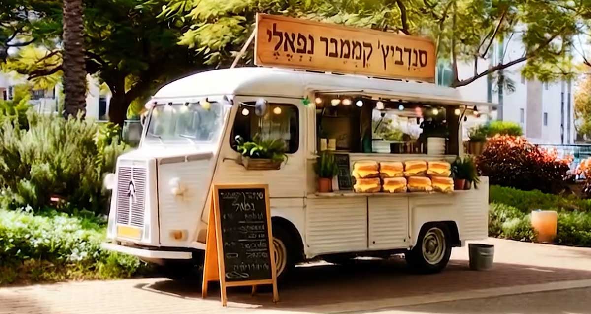 פודטראק הדמיית ai על הגג שלו כתוב סנדביץ קממבר נפאלי. הפודטראק נמצא בגינה ציבורית בהרצליה