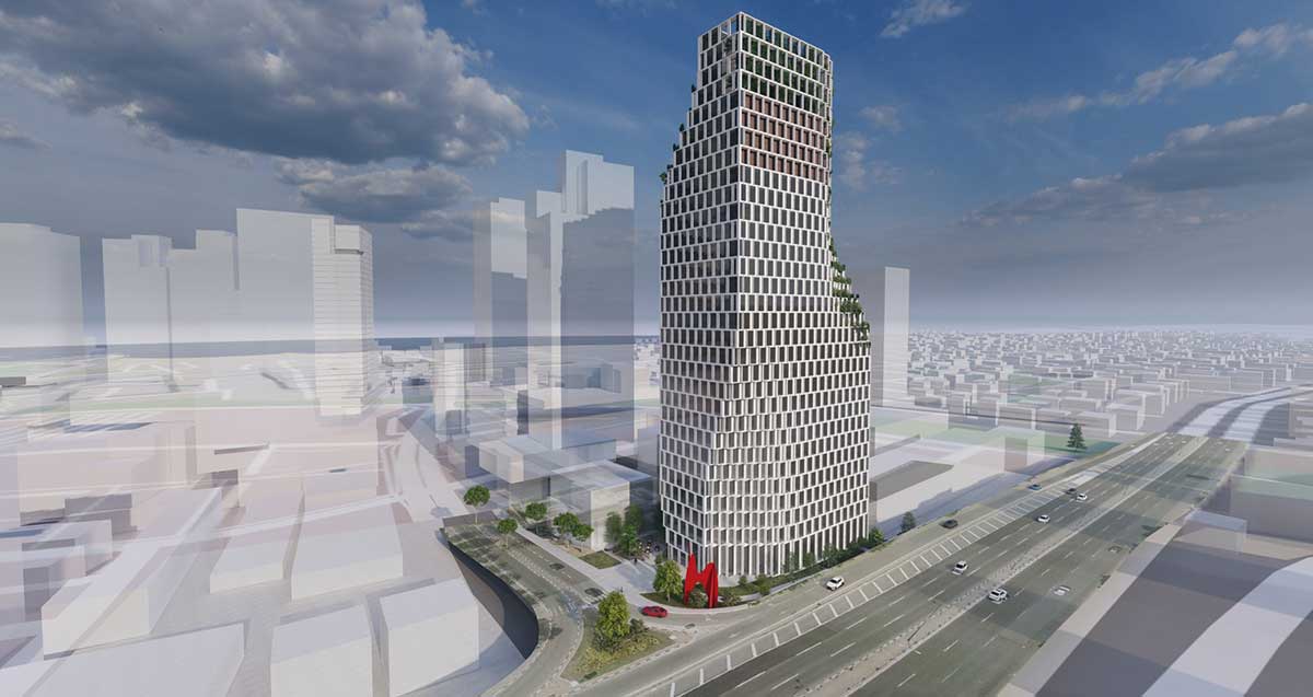 הדמיה של התחדשות אזור התעסוקה הרצליה פיתוח. מגדל שכולו חלונות.