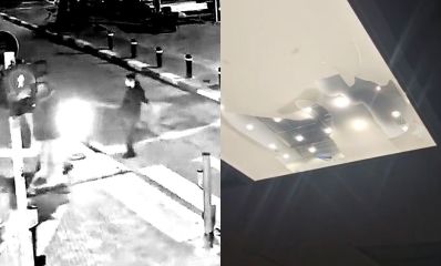 תמונה מחולקת: מצד ימין תקרה אקוסטית מנופצת ומצד שאל תיעוד בני נוער משחיתים תמרור, צילום: עיריית רעננה