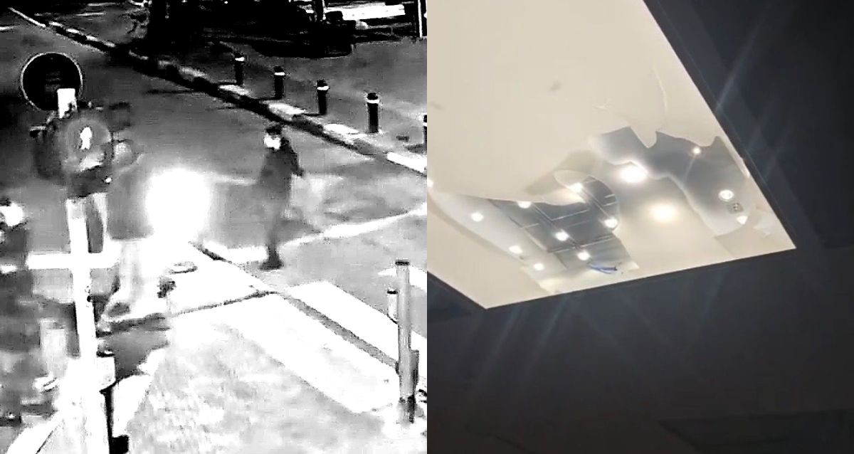 תמונה מחולקת: מצד ימין תקרה אקוסטית מנופצת ומצד שאל תיעוד בני נוער משחיתים תמרור, צילום: עיריית רעננה