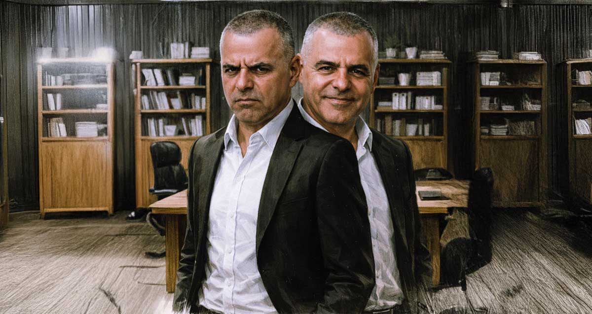 איור של רפי סער בפנים כועסות ובפנים שמחות במשרד אפלולי