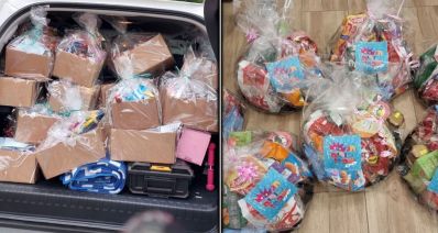 תמונה מחולקת: מצד ימין משלוחי מנות עטופים בצלופן ומצד שמאל תא מטען של רכב פרטי עמוס במשלוחי מנות, צילום: פרטי