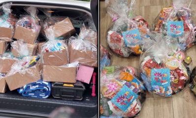 תמונה מחולקת: מצד ימין משלוחי מנות עטופים בצלופן ומצד שמאל תא מטען של רכב פרטי עמוס במשלוחי מנות, צילום: פרטי