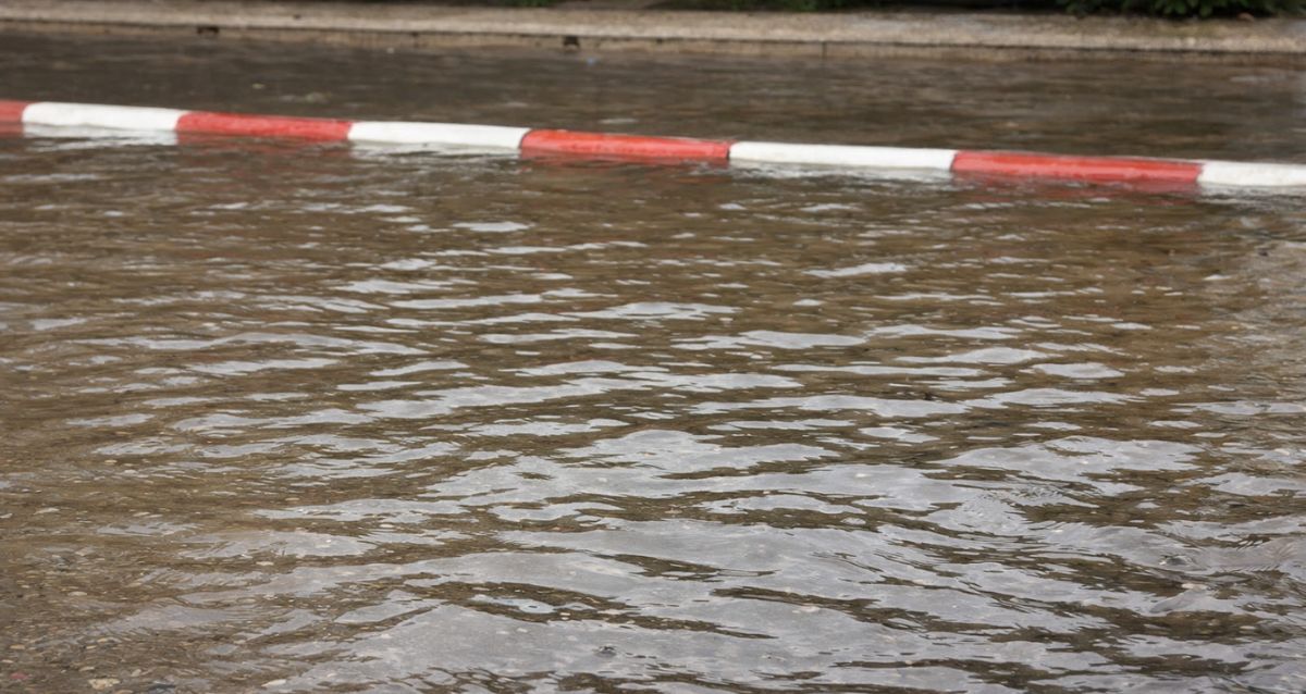 כביש מוצף במים שמגיעים עד לגובה המדרכה שצבועה באדום לבן, צילום: פרטי