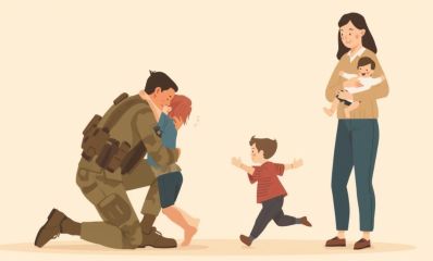 איור של אבא במדים ירוקים כורע ברך, ילד קטן מחבק את צווארו, אליו רץ ילד נוסף ובצד עומדת אמא עם תינוק על הידיים, ציור בינה מלאכותית: שרון אונליין