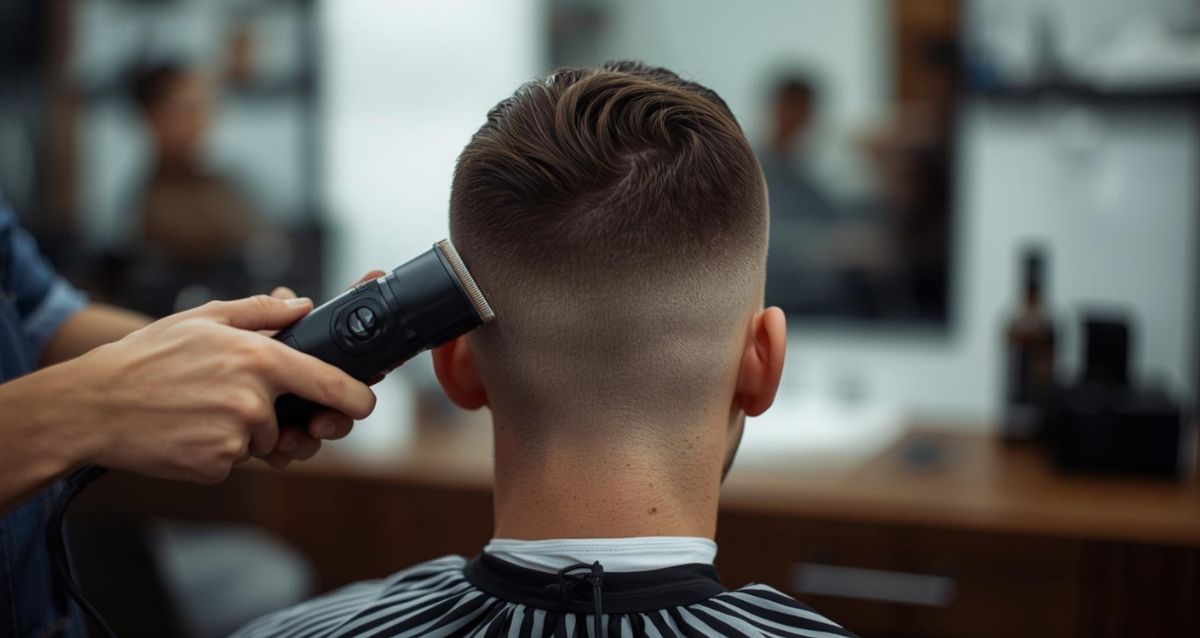 מבט מאחור על גבר שיושב על כיסא ספר וידיים של ספר מעבירות על שיערו מכונת תספורת, הדמיית בינה מלאכותית: שרון אונליין