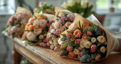 זרי פרחים צבעוניים עטופים בנייר חום מונחים על שולחן וברקע חנות פרחים, הדמיית בינה מלאכותית: שרון אונליין