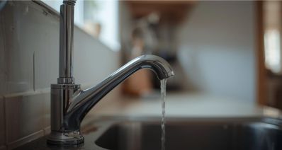 ברז במטבח ביתי מעל כיור עם זרם מים, הדמיית בינה מלאכותית: שרון אונליין