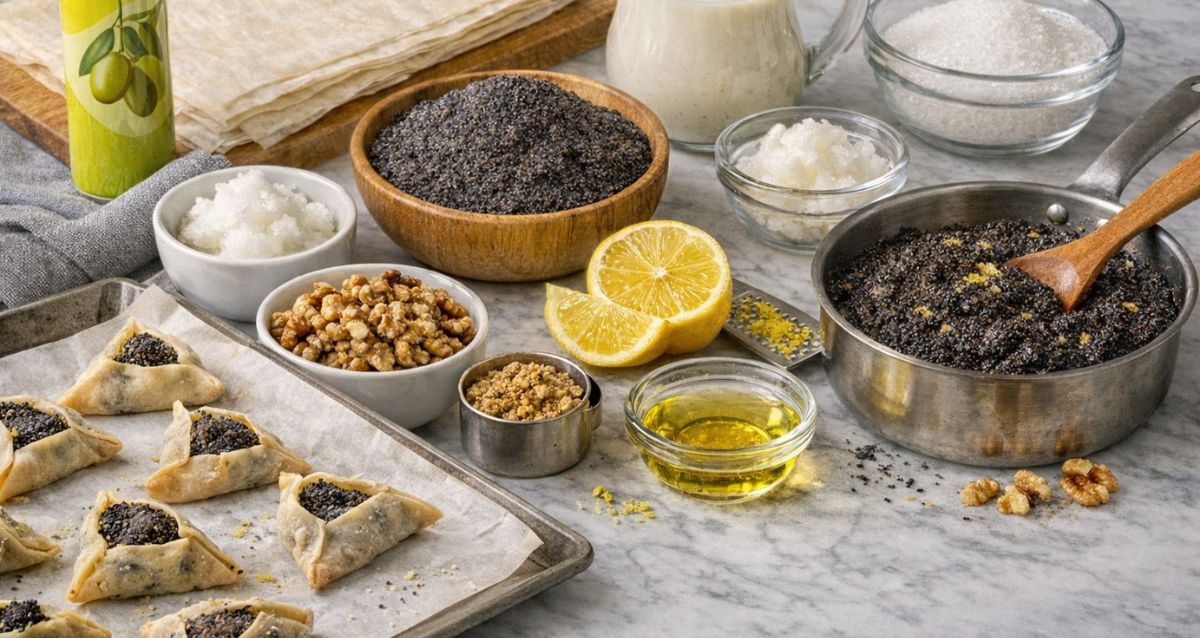 שולחן עם מגש ועליו אוזני המן, קערות עם ממרחי תמרים ופרג ותרסיס שמן, צילום: חלי ממן