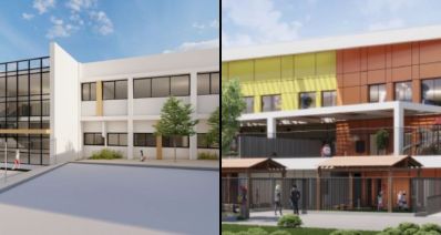 תמונה מחולקת: מצד ימין מבנה גנים בצבעי אדום וצהוב, משמאל מבנה בית ספר ביצחק שדה. הדמיות: ארז אשכנזי אדריכלים ורועי יצחקי אדריכלים