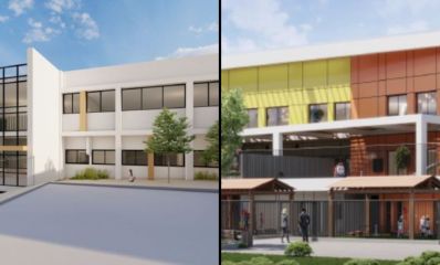 תמונה מחולקת: מצד ימין מבנה גנים בצבעי אדום וצהוב, משמאל מבנה בית ספר ביצחק שדה. הדמיות: ארז אשכנזי אדריכלים ורועי יצחקי אדריכלים