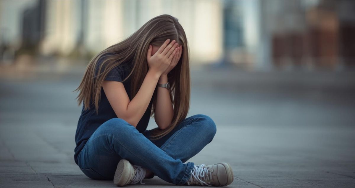 נערה יושבת על הרצפה מכסה את פניה בידיה, הדמיית בינה מלאכותית: שרון אונליין