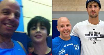 קולאז׳ של 2 תמונות. בימנית דני אבדיה כשחקן nba ורותם ארליך, משמאל דני אבדיה הילד ורותם ארליך באולם נוה ישראל בהרצליה