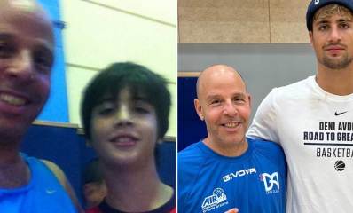 קולאז׳ של 2 תמונות. בימנית דני אבדיה כשחקן nba ורותם ארליך, משמאל דני אבדיה הילד ורותם ארליך באולם נוה ישראל בהרצליה