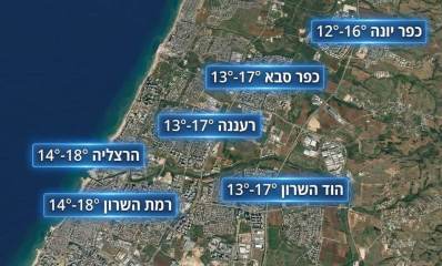 תחזית היפר לוקאלית לערי השרון לימים 2-3 בפברואר. עיבוד AI - מדיה היפר לוקאלית