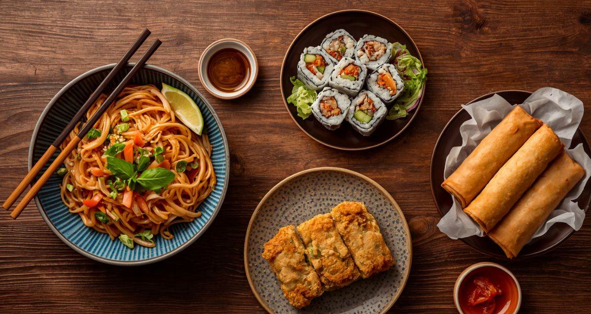 שולחן עץ עם נודלס, אגרול, סושי וקריספי אורז, הדמיית בינה מלאכותית: שרון אונליין