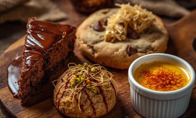 מגש עם קרם ברולה, עוגיות ועוגת שוקולד, הדמיית בינה מלאכותית: שרון אונליין