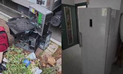 תמונה מחולקת: פפסולת אלקטרונית שבורה על המדרכה ותמונה של מקרר ישן בלובי ביניין, צילום: עיריית רמת השרון