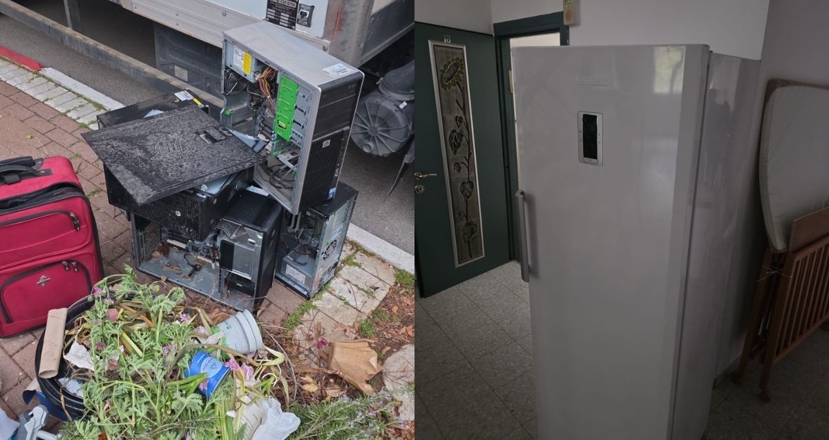 תמונה מחולקת: פפסולת אלקטרונית שבורה על המדרכה ותמונה של מקרר ישן בלובי ביניין, צילום: עיריית רמת השרון