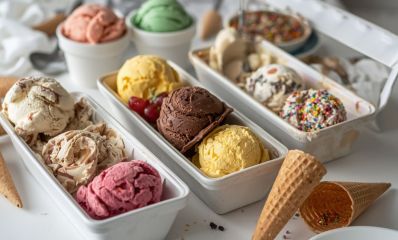 קוסאות גלידה עם עיגולי כדורים בצבעים וטעמים שונים וליד גביעיי וופל, הדמיית בינה מלאכותית: שרון אונליין