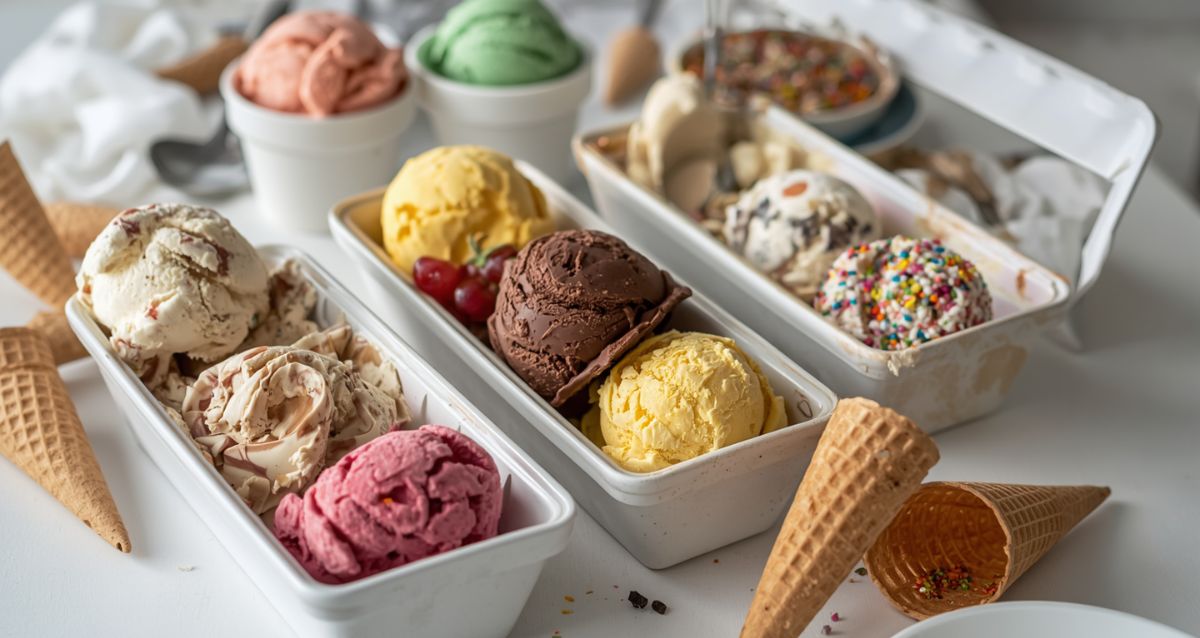 קוסאות גלידה עם עיגולי כדורים בצבעים וטעמים שונים וליד גביעיי וופל, הדמיית בינה מלאכותית: שרון אונליין