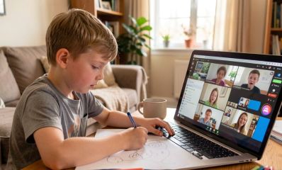 ילד מצייר ציור וצופה בפעילות זום דרך המחשב הנייד, הדמיית בינה מלאכותית: שרון אונליין