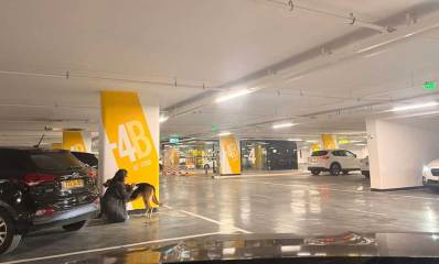 המקלט בקומה מינוס 4 בביג פאשן גלילות. חניון מינוס 4, אישה כורעת ליד עמוד בטון ולידה כלב.