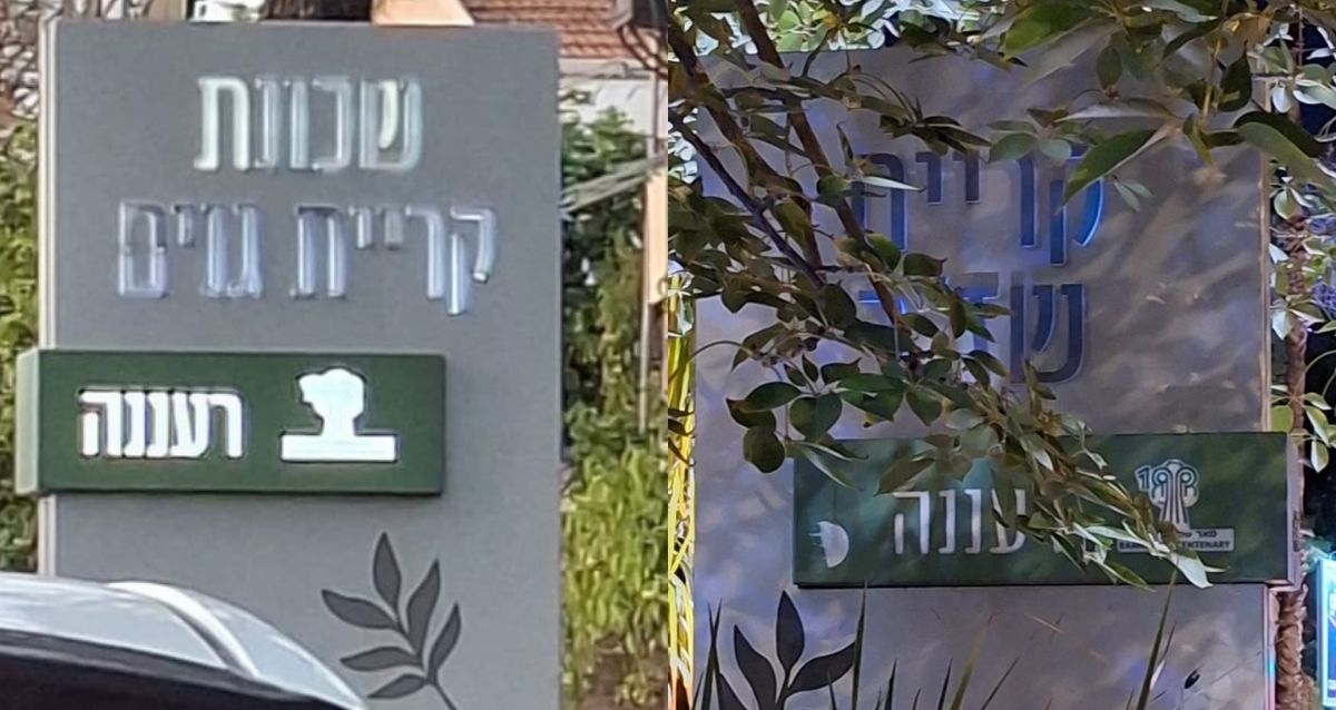 שלט של שכונת שזר מוסתר מצמחייה ושלט של שכונת קריית גנים עם כיתוב לא ברור, צילום: סמדר פינק