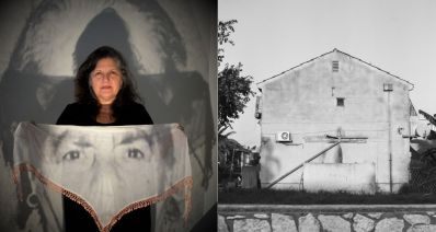 תמונה מחולקת של שתי יצירות מהתערוכה - צילום שחור לבן של מבנה ישן תמונה של אישה המחזיקה בד וברקע הקרנה על הקיר, צילום: עיריית כפר סבא