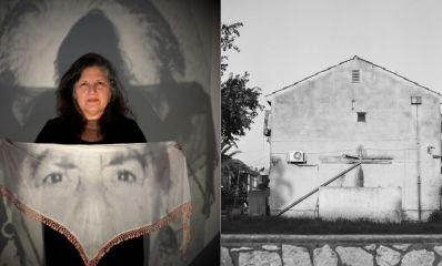 תמונה מחולקת של שתי יצירות מהתערוכה - צילום שחור לבן של מבנה ישן תמונה של אישה המחזיקה בד וברקע הקרנה על הקיר, צילום: עיריית כפר סבא