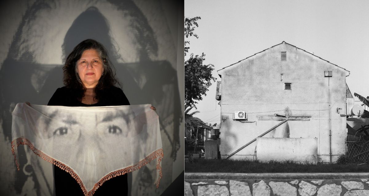 תמונה מחולקת של שתי יצירות מהתערוכה - צילום שחור לבן של מבנה ישן תמונה של אישה המחזיקה בד וברקע הקרנה על הקיר, צילום: עיריית כפר סבא