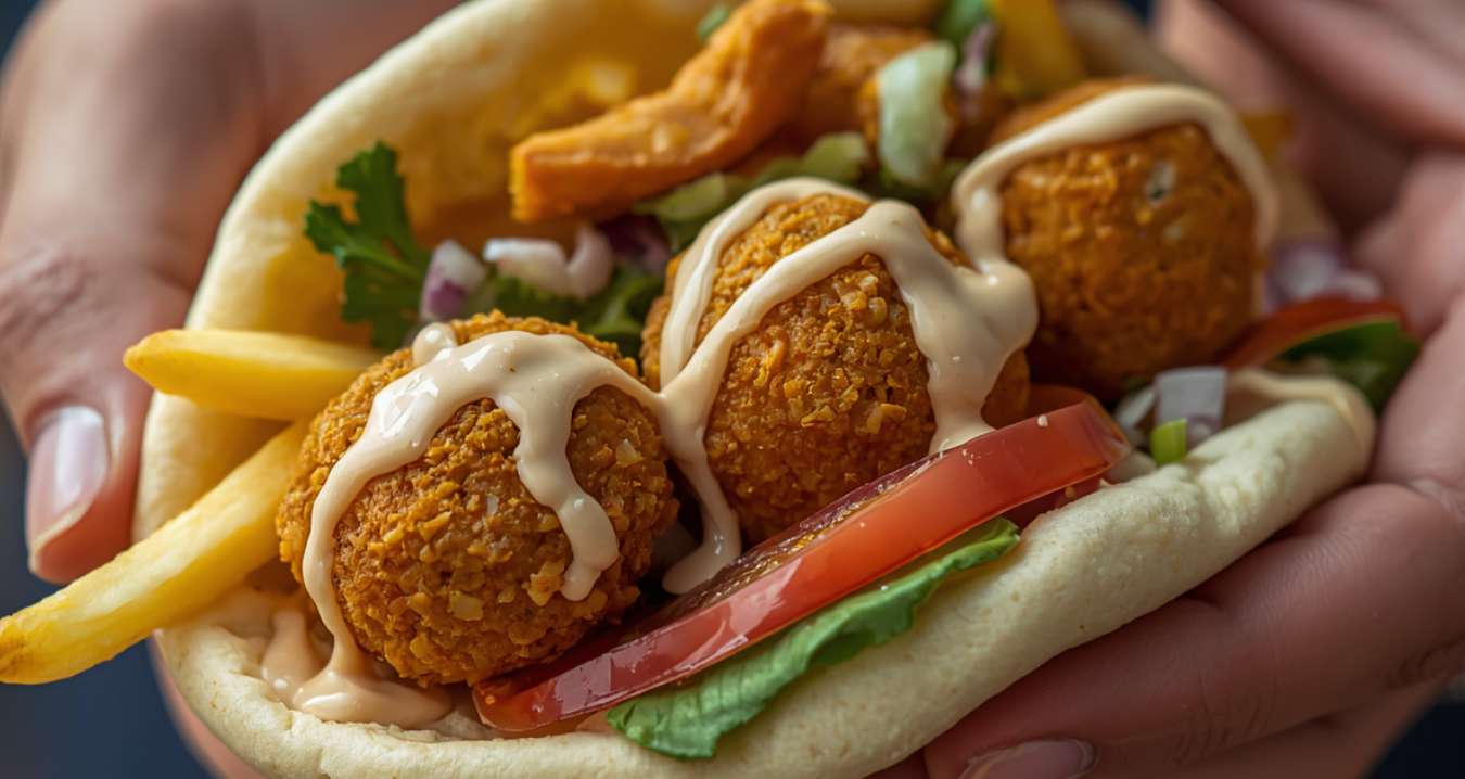 ידיים של אישה מחזיקות פיתה עם פלאפל, צ'יפס, טחינה וירקות - עגבניה וחסה. הדמיית בינה מלאכותית: שרון אונליין