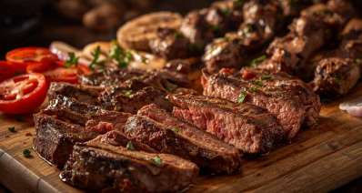 מגש עץ עם נתחי בשר מוכנים לאכילה וירקות צלויים, הדמיית בינה מלאכותית: שרון אונליין