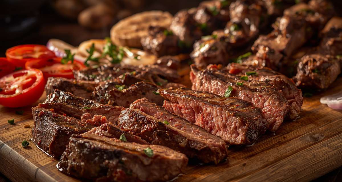 מגש עץ עם נתחי בשר מוכנים לאכילה וירקות צלויים, הדמיית בינה מלאכותית: שרון אונליין