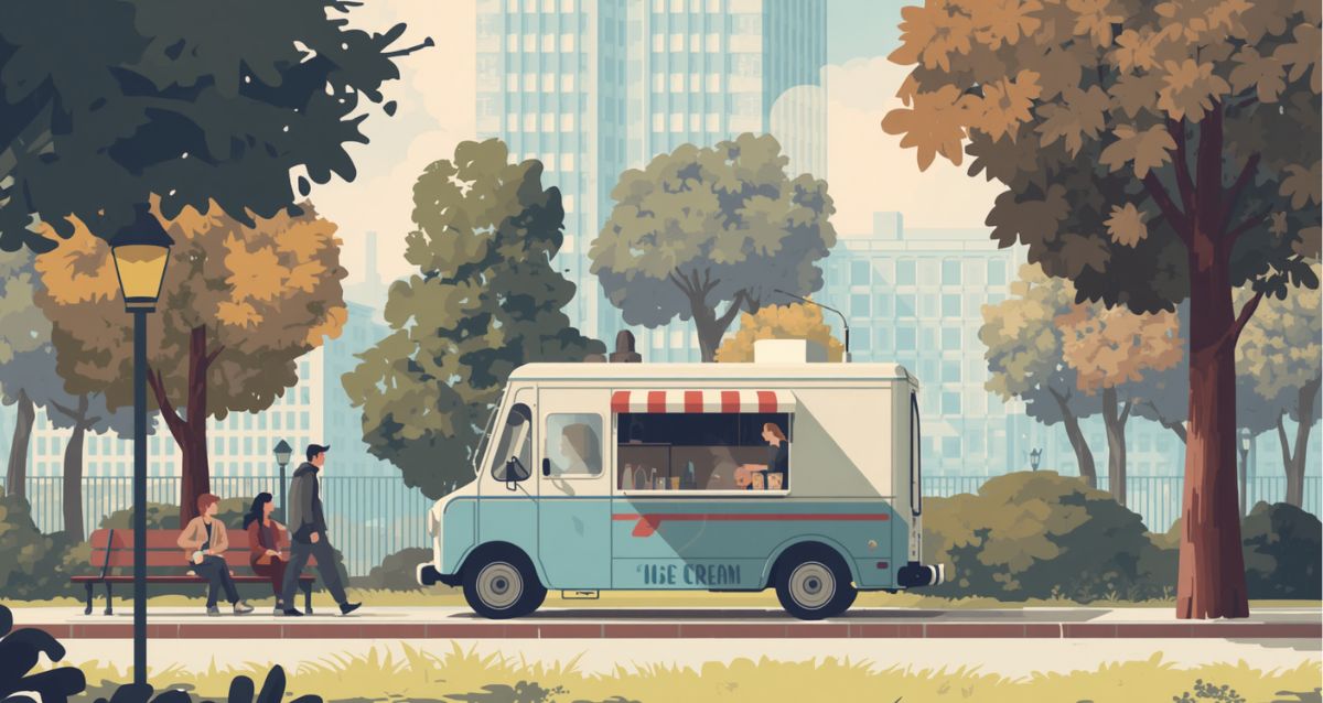 איור של אוטו גלידה בפארק וליד אנשים, איור בינה מלאכותית: שרון אונליין